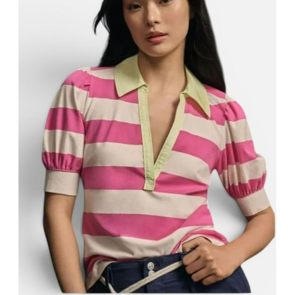 NWT Maeve Anthropologie Pink Rugby Stripe Puff Sleeve Polo Shirt 1X Preppy